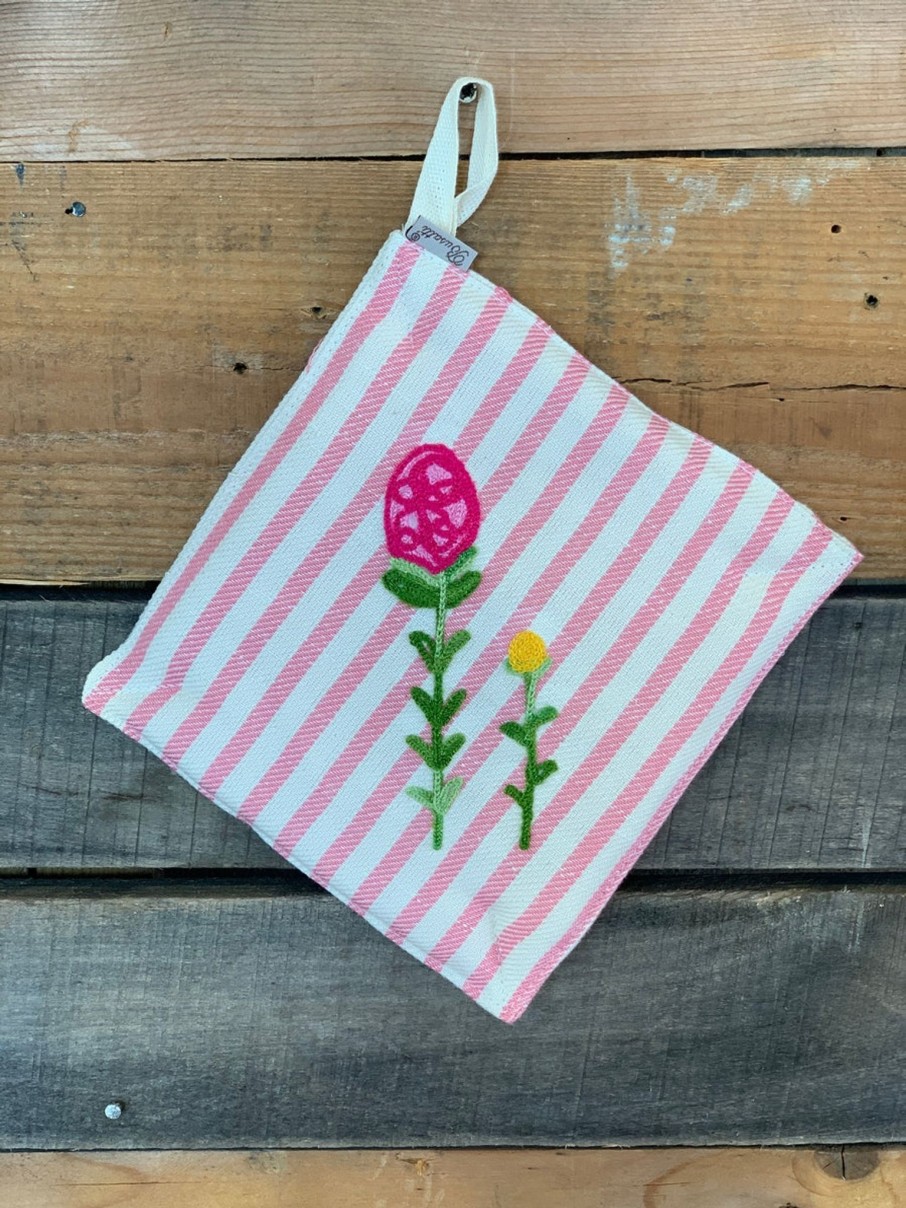 Kuche Busatti | Fruhlingsblumen-Bestickter Topflappen Rosa Gestreift